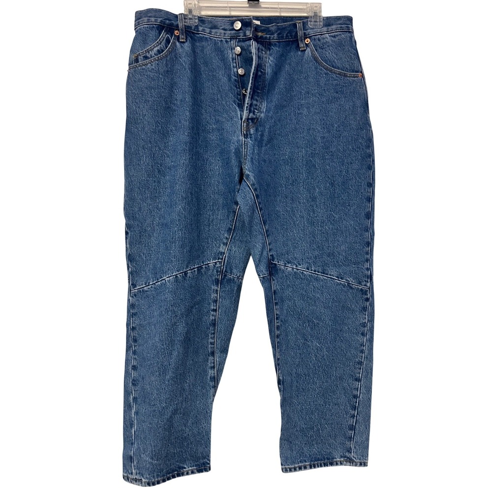 Rollas Womens Size 32 Blue Denim Paneled Barrel High Rise Button Fly Jeans